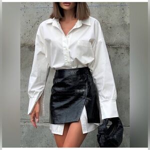 Commense Casual Solid Shirt With Faux Leather Mini Skirt Set